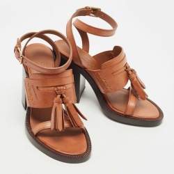 Pre Owned Burberry Brown Leather Bethany Tassel Detail Block Heel Ankle Strap Sandals Size 37