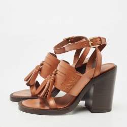 Pre Owned Burberry Brown Leather Bethany Tassel Detail Block Heel Ankle Strap Sandals Size 37