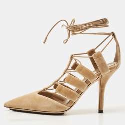 Pre Owned Burberry Beige Velvet Strappy Pointed Toe Ankle Wrap Pumps Size 37