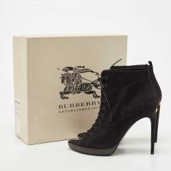 Pre Owned Burberry Black Nubuck Leather Peep Toe Lace Up Ankle Boots Size 40