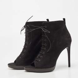Pre Owned Burberry Black Nubuck Leather Peep Toe Lace Up Ankle Boots Size 40