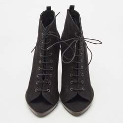 Pre Owned Burberry Black Nubuck Leather Peep Toe Lace Up Ankle Boots Size 40