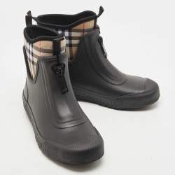 Pre Owned Burberry Black Rubber and Vintage Check Neoprene Rain Boots Size 37