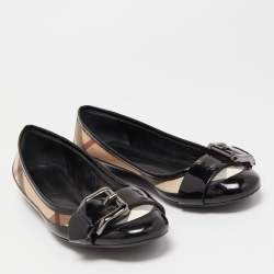 Pre Owned Burberry Black/Brown Canvas and Patent Ballet Flats Size 38