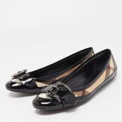 Pre Owned Burberry Black/Brown Canvas and Patent Ballet Flats Size 38
