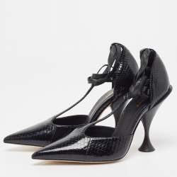 Pre Owned Burberry Black Snakeskin Leather Welton T Strap Ankle Wrap Pumps Size 37.5