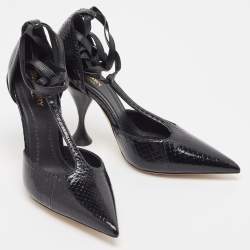 Pre Owned Burberry Black Snakeskin Leather Welton T Strap Ankle Wrap Pumps Size 37.5