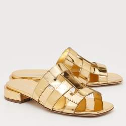 Pre Owned Burberry Gold Leather Flat Slides Size 37