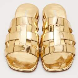 Pre Owned Burberry Gold Leather Flat Slides Size 37