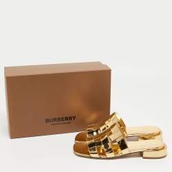 Pre Owned Burberry Gold Leather Flat Slides Size 37