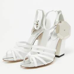 Burberry Grey/White Leather Block Heel Ankle Strap Sandals Size 39