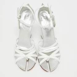 Burberry Grey/White Leather Block Heel Ankle Strap Sandals Size 39