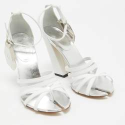 Burberry Grey/White Leather Block Heel Ankle Strap Sandals Size 39
