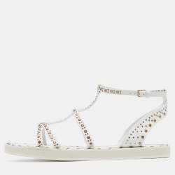 Burberry White Leather Studded Hansel Flat Sandals Size 39.5
