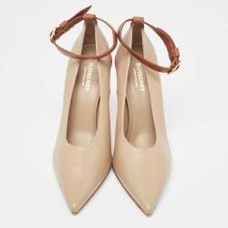 Pre Owned Burberry Brown Textured Leather Ankle Strap Pumps Size 40