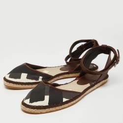 Burberry Tricolor Printed Canvas and Leather Ankle Strap Espadrille Flats Size 40
