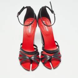 Burberry Black/Red Leather Hove Heel Ankle Strap Sandals Size 36