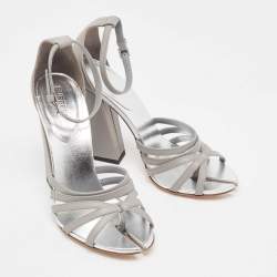 Burberry Grey  Leather Hove Heel Ankle Strap Sandals Size 38