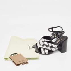 Burberry White/Black Woven Leather Block Heel Sandals Size 37