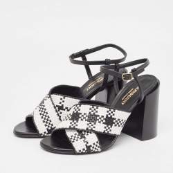 Burberry White/Black Woven Leather Block Heel Sandals Size 37