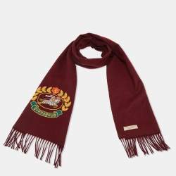 Burberry Brit Burgundy Logo Embroidered Cashmere Fringed Muffler