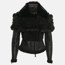 Burberry Black Fox Fur Trim Shearling and Leather Zip-Up Jacket S