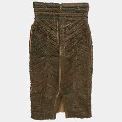 Burberry Prorsum Khaki Green Ruffled Leather Knee Length Skirt S