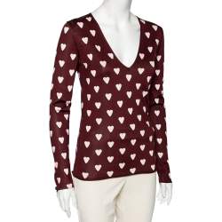 Burberry Prorsum Burgundy Heart Print Knit & Silk Sweater S