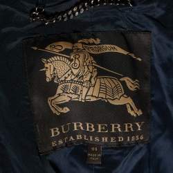 Burberry Prorsum Navy Blue Checker Pattern Leather Double Breasted Trench Coat M