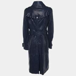 Burberry Prorsum Navy Blue Checker Pattern Leather Double Breasted Trench Coat M