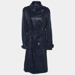 Burberry Prorsum Navy Blue Checker Pattern Leather Double Breasted Trench Coat M