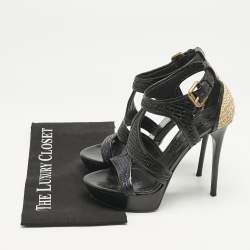 Burberry Black/Beige Leather and Raffia Prorsum Platform Sandals Size 38