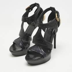 Burberry Black/Beige Leather and Raffia Prorsum Platform Sandals Size 38