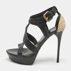 Burberry Black/Beige Leather and Raffia Prorsum Platform Sandals Size 38