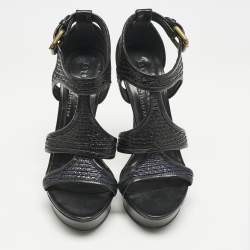 Burberry Black/Beige Leather and Raffia Prorsum Platform Sandals Size 38