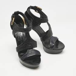 Burberry Black/Beige Leather and Raffia Prorsum Platform Sandals Size 38