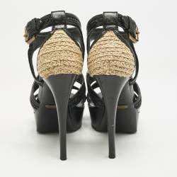 Burberry Black/Beige Leather and Raffia Prorsum Platform Sandals Size 38