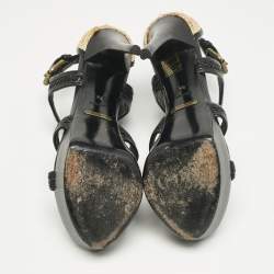 Burberry Black/Beige Leather and Raffia Prorsum Platform Sandals Size 38