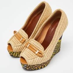 Burberry Beige Raffia and Fabric Open Toe Wedge Pumps Size 38.5