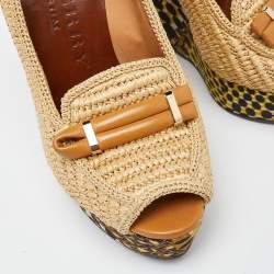 Burberry Beige Raffia and Fabric Open Toe Wedge Pumps Size 38.5