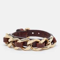 Burberry Brown Leather Chain Detail Wrap Bracelet
