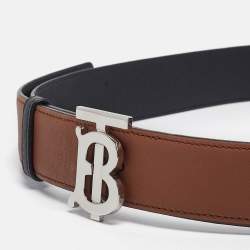 Pre Owned Burberry Black/Brown Leather TB Logo Reversible Belt M
