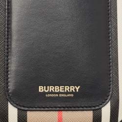 Pre Owned Burberry Beige/Black Icon Stripe Coated Canvas and Leather Anne Phone Pouch with Strap