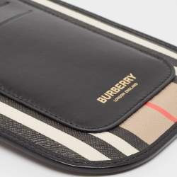 Pre Owned Burberry Beige/Black Icon Stripe Coated Canvas and Leather Anne Phone Pouch with Strap