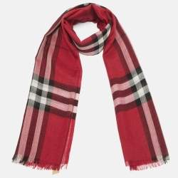 Burberry Red Checked Wool Blend Scarf