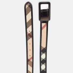 Pre Owned Burberry Black/Beige Nova Check PVC and Patent Leather Logo Plague Belt 100CM