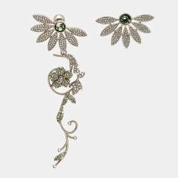Burberry Half Daisy Crystal Silver Tone Clip-on Asymmetric Stud Drop Earrings