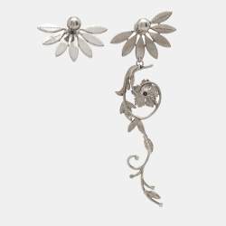 Burberry Half Daisy Crystal Silver Tone Clip-on Asymmetric Stud Drop Earrings