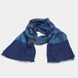 Pre Owned Burberry Blue Vintage Check Wool & Silk Scarf