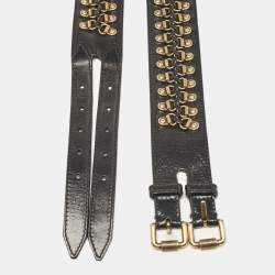 Pre Owned Burberry Black Leather Studded Double Buckle Wide Belt 90CM